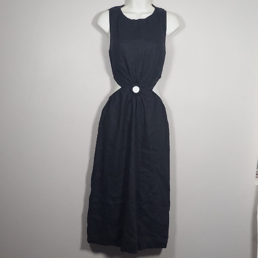 Black Sleeveless Sheath Midi Dress with Cut-Outs